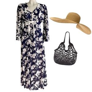 SANDCASTLE SWIMWEAR VINTAGE NAVY WHITE FLORAL COVERUP DRESS SZ S